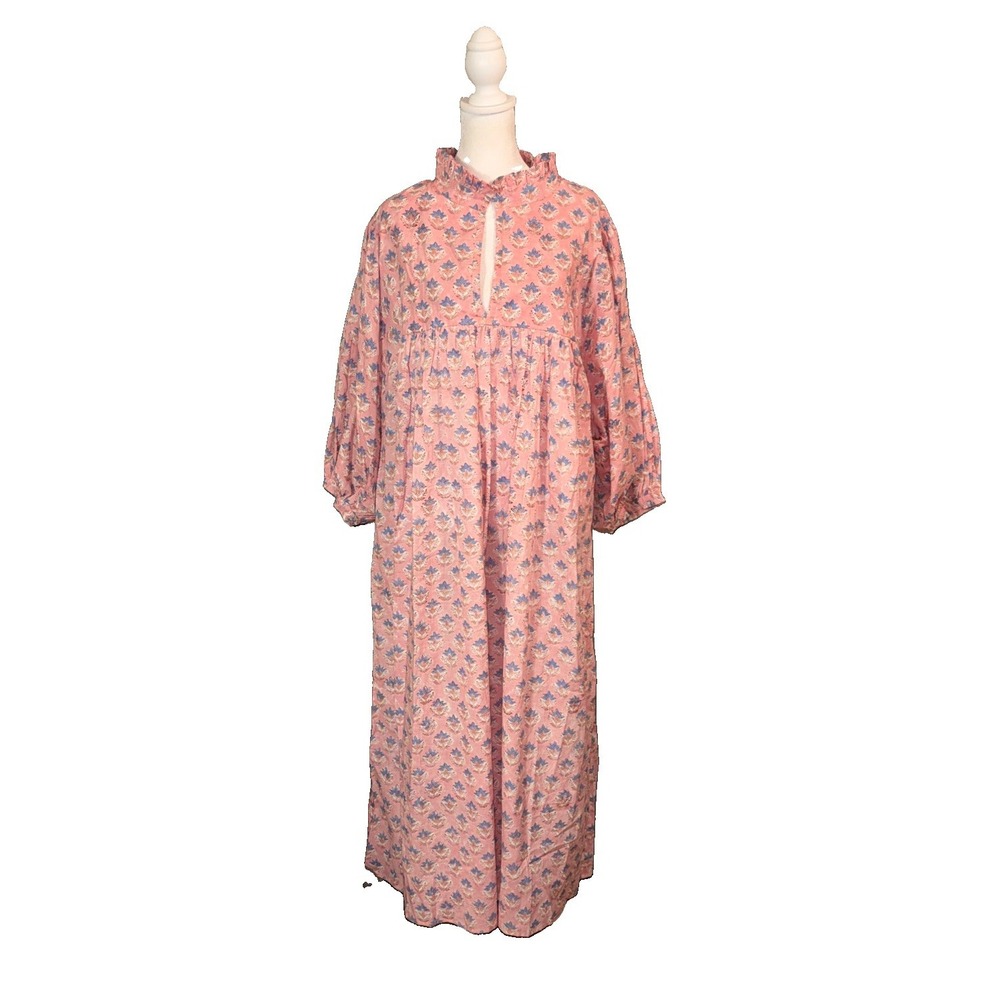 Peridhahn Block Print Maxi Dress Women's Plus Size 3XL Pink Blue Floral Cotton